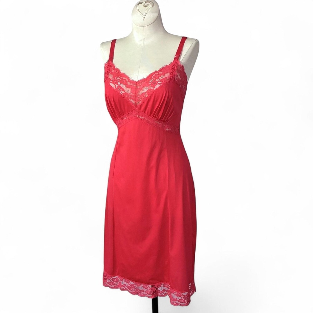 1960s Crimson Red Nylon Slip Dress Small - Picture 4 of 9
